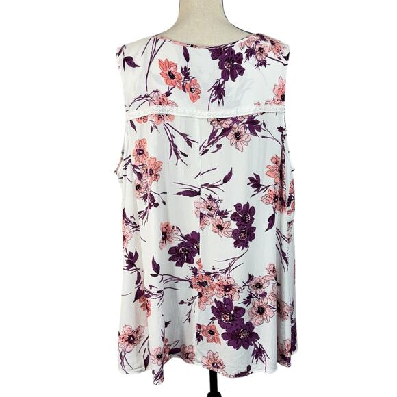 Lane Bryant SZ 24 Babydoll Top Floral Sleeveless V-Neck Crochet Accent Hi-Low - Picture 4 of 8